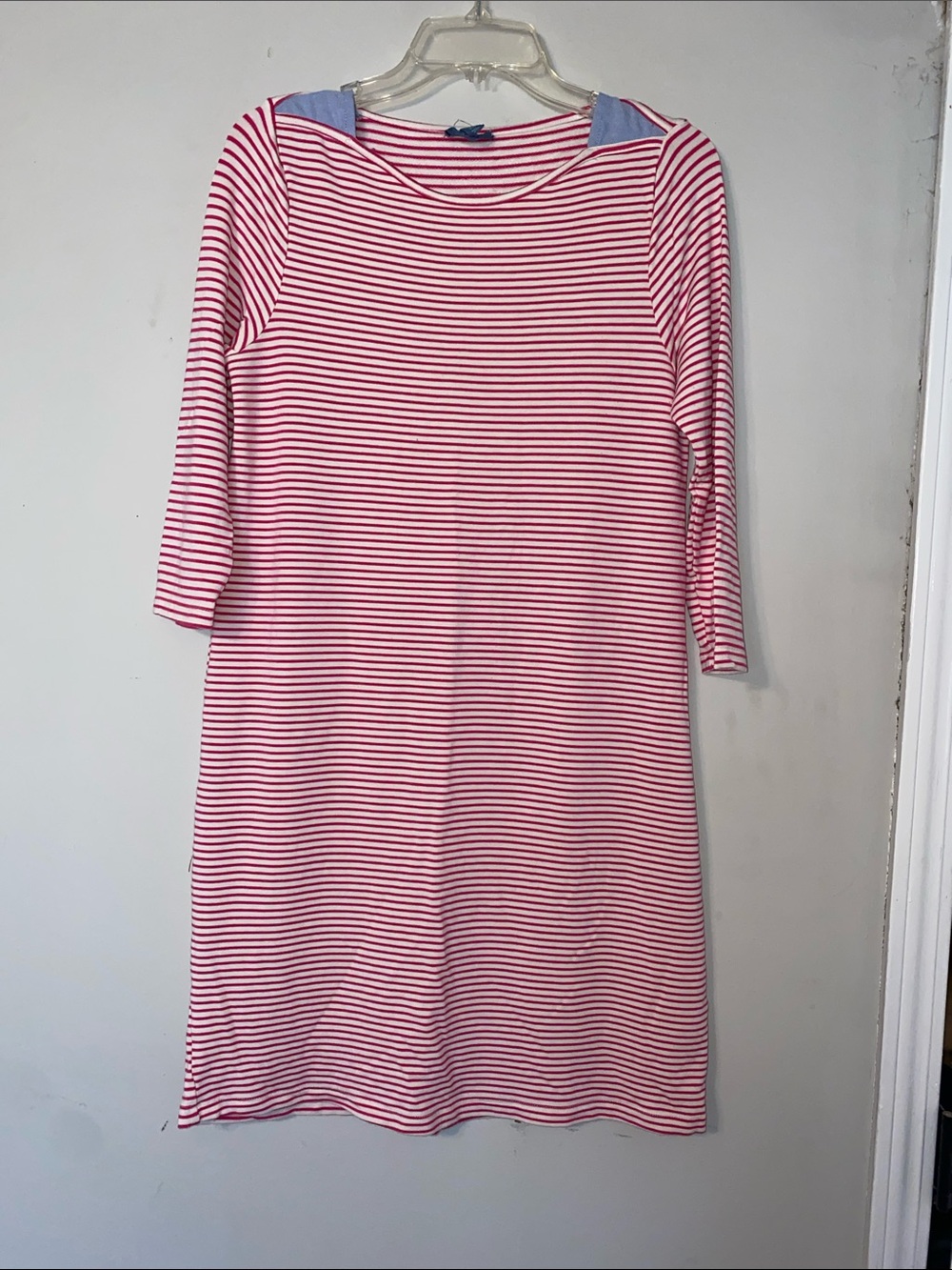 Striped Pink and White Midi Dress with Blue Shoulder Panels